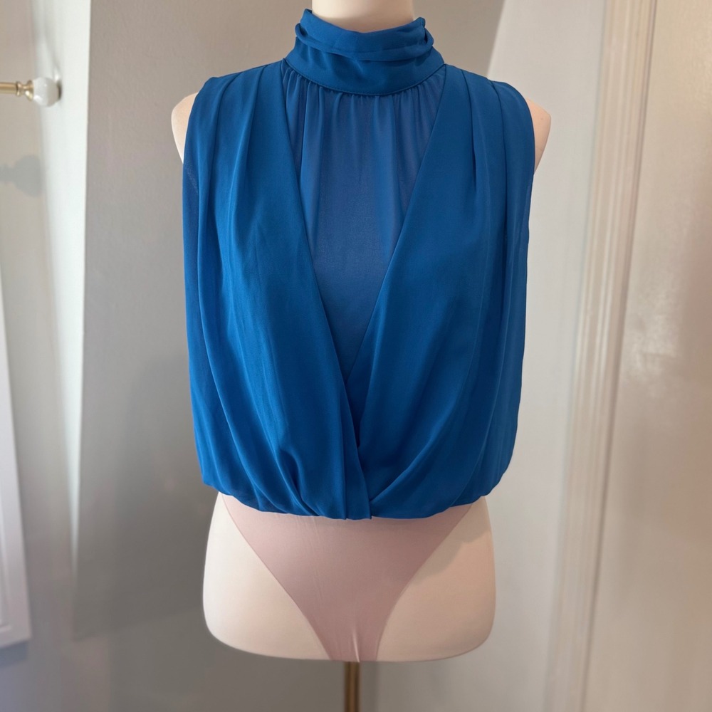 Strut & Bolt Classic Blue Bodysuit High Neck Drape Chic | Size S NWT